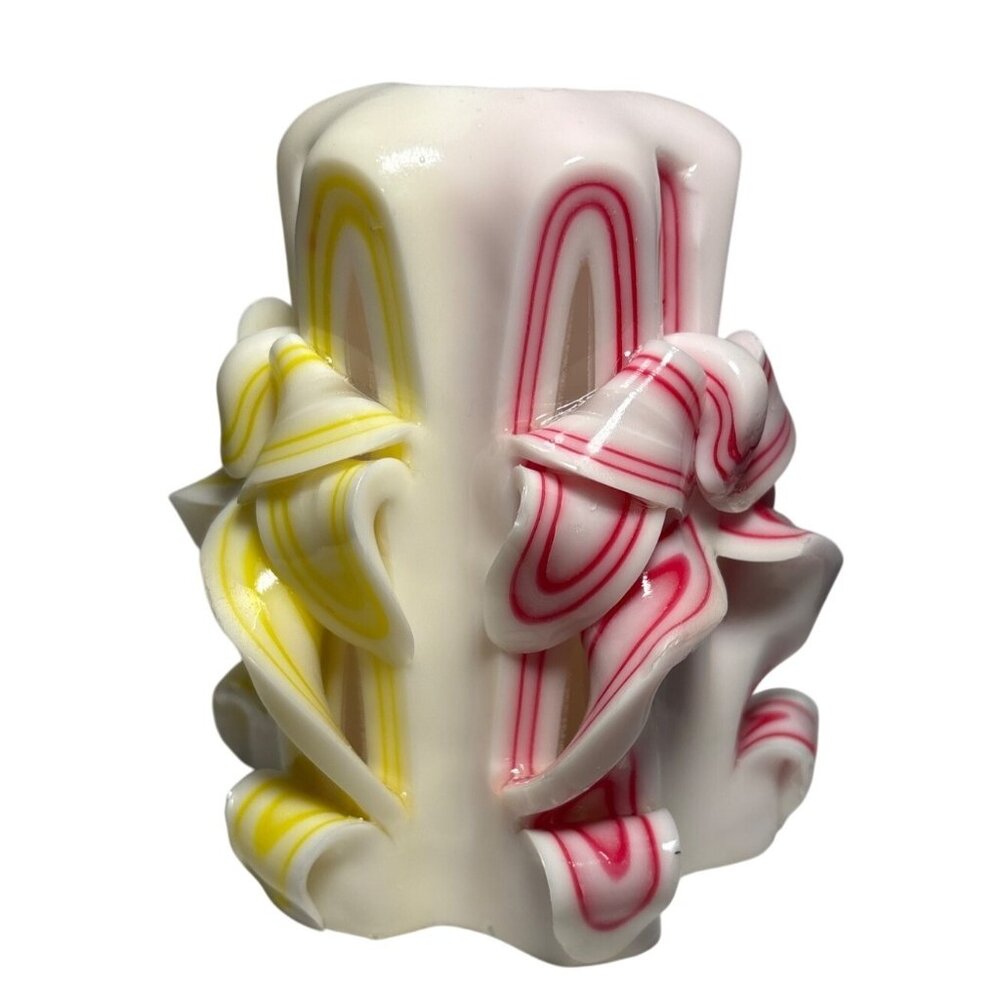 Hand Carved Ribbon Candle Swirls Red Yellow & Orange 5" MCM  Retro